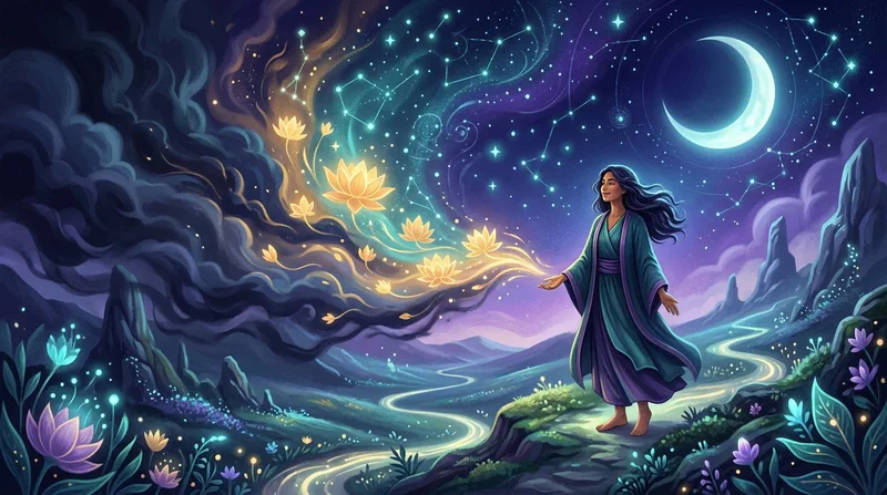 Uma sonhadora lúcida de pé com calma enquanto uma névoa onírica escura se transforma em luz dourada de lótus sob um céu estrelado.