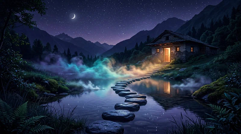 Um caminho de pedras ao luar cruzando um riacho reflexivo em direção a uma porta acolhedora enquanto a névoa se dissolve em luz.