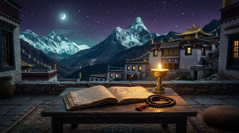 Um manuscrito tibetano aberto, um mala e uma lâmpada de manteiga sobre uma mesa baixa diante de um mosteiro himalaio à noite.
