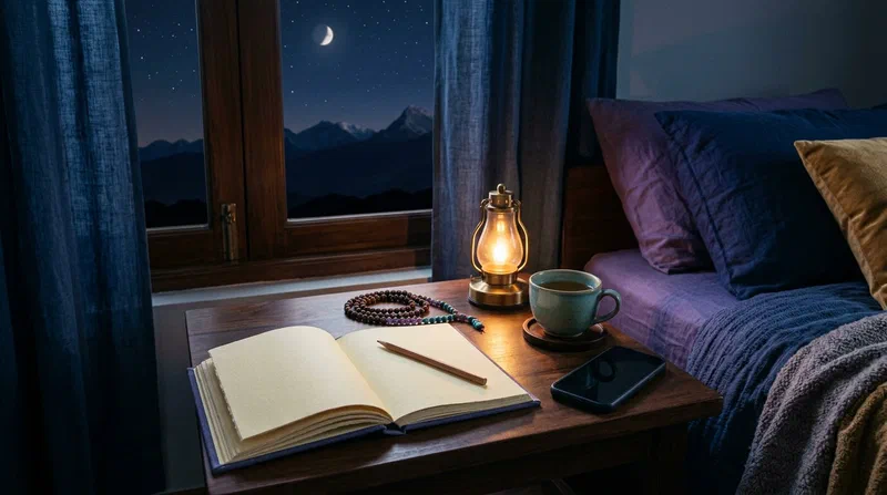 Um diário de sonhos na mesa de cabeceira, contas de mala, chá e uma lâmpada ao lado de uma cama sob um céu estrelado de montanha.