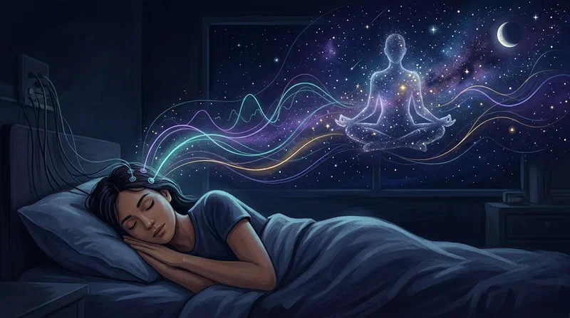 Uma pessoa dormindo conectada a suaves linhas de monitoramento do sono enquanto sobre a cama se forma uma silhueta meditativa estrelada.