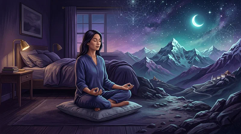 Uma pessoa meditando na fronteira entre um quarto tranquilo e uma paisagem onírica himalaia ao luar.