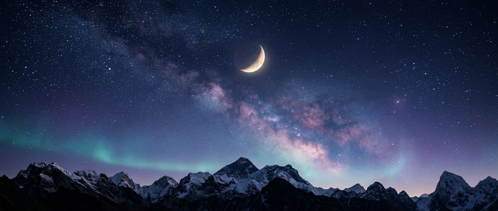 A starry Himalayan night sky beneath a pale-gold crescent moon