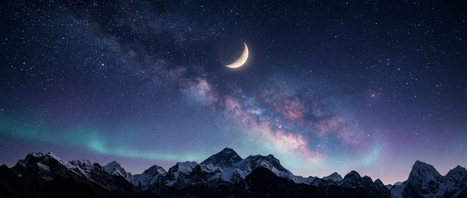 A starry Himalayan night sky beneath a pale-gold crescent moon