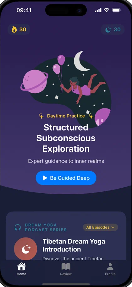 Mindful Slumber app screen showing guided dream yoga and lucidity training
