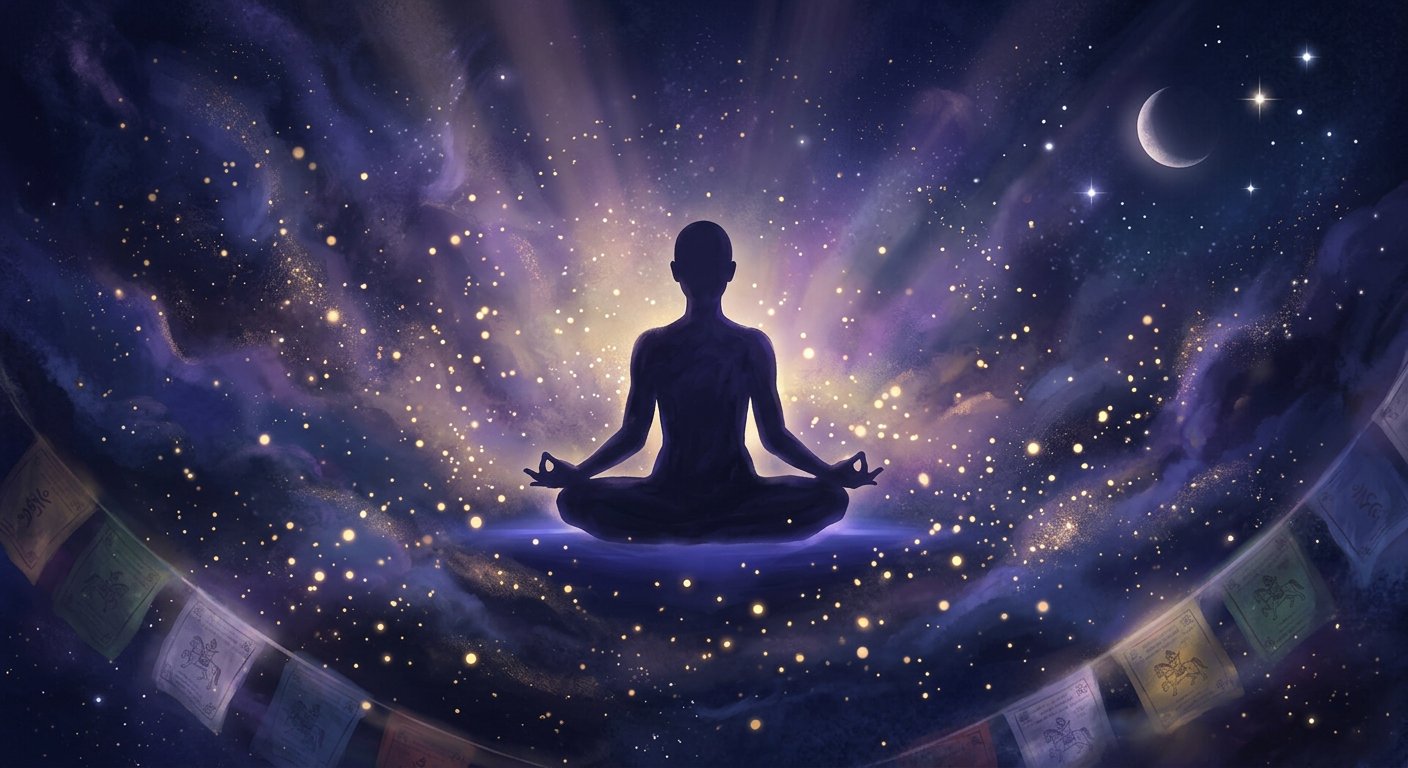 A meditator silhouette floating in a cosmic, starlit dreamscape